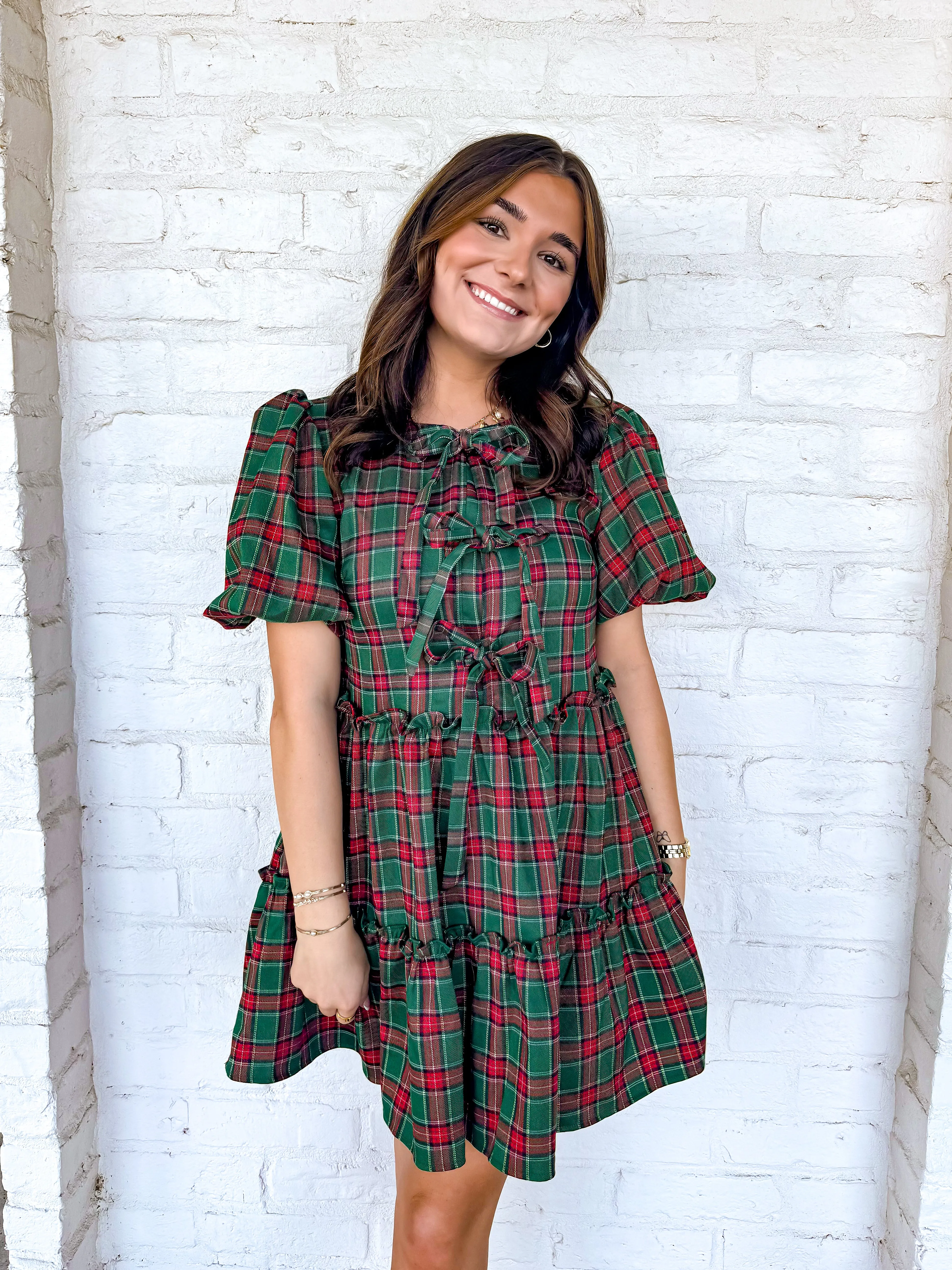 Queen Of Christmas Plaid Bow Dress Green