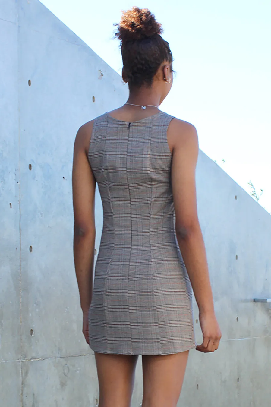 Round Neck Dress - Beige Plaid