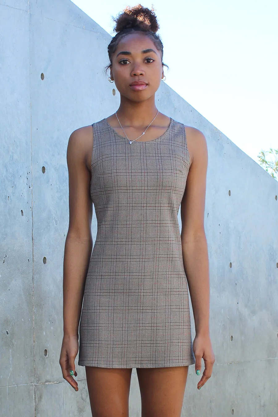 Round Neck Dress - Beige Plaid