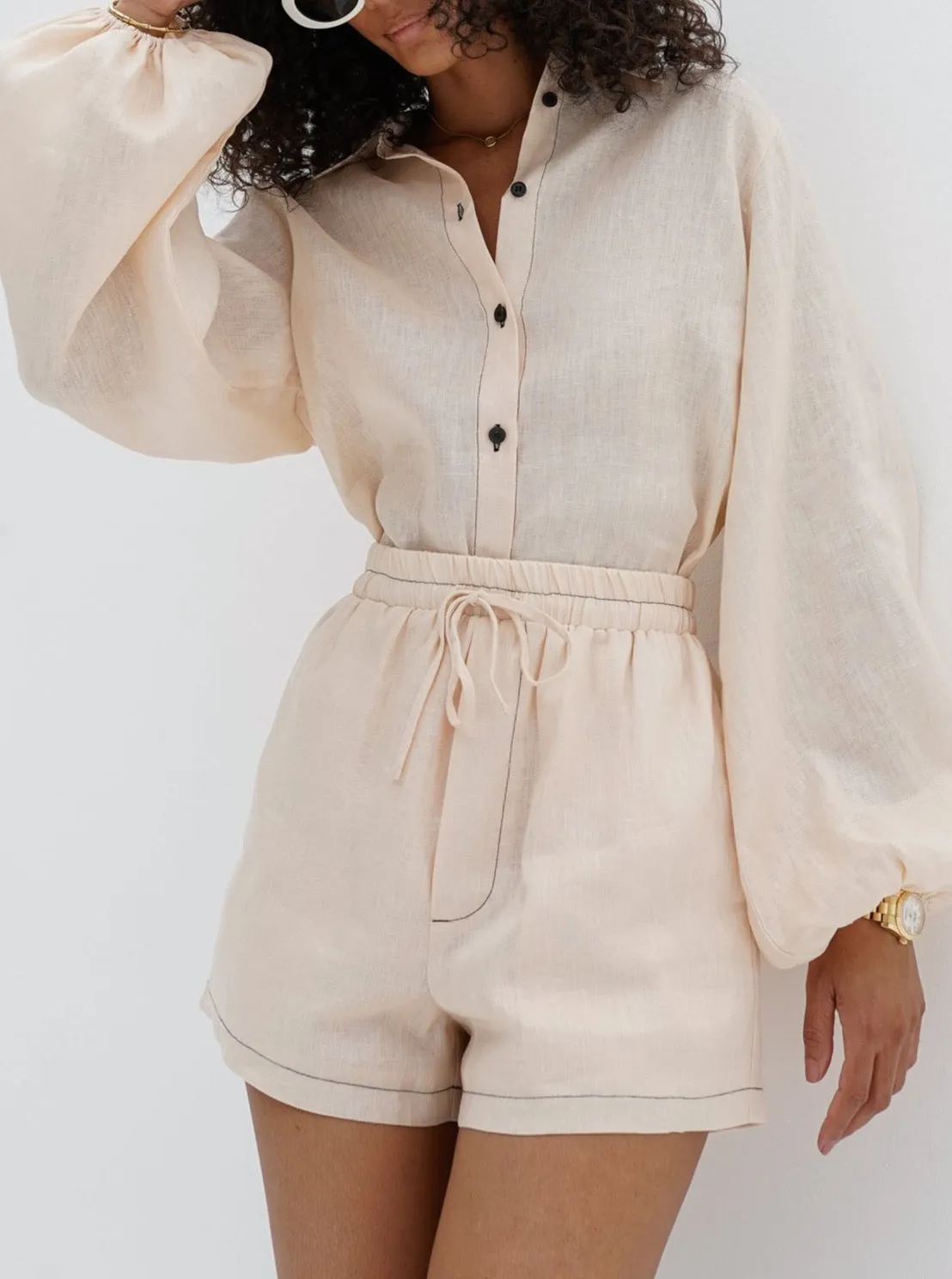 Rue Contrast Linen Shorts | Blush