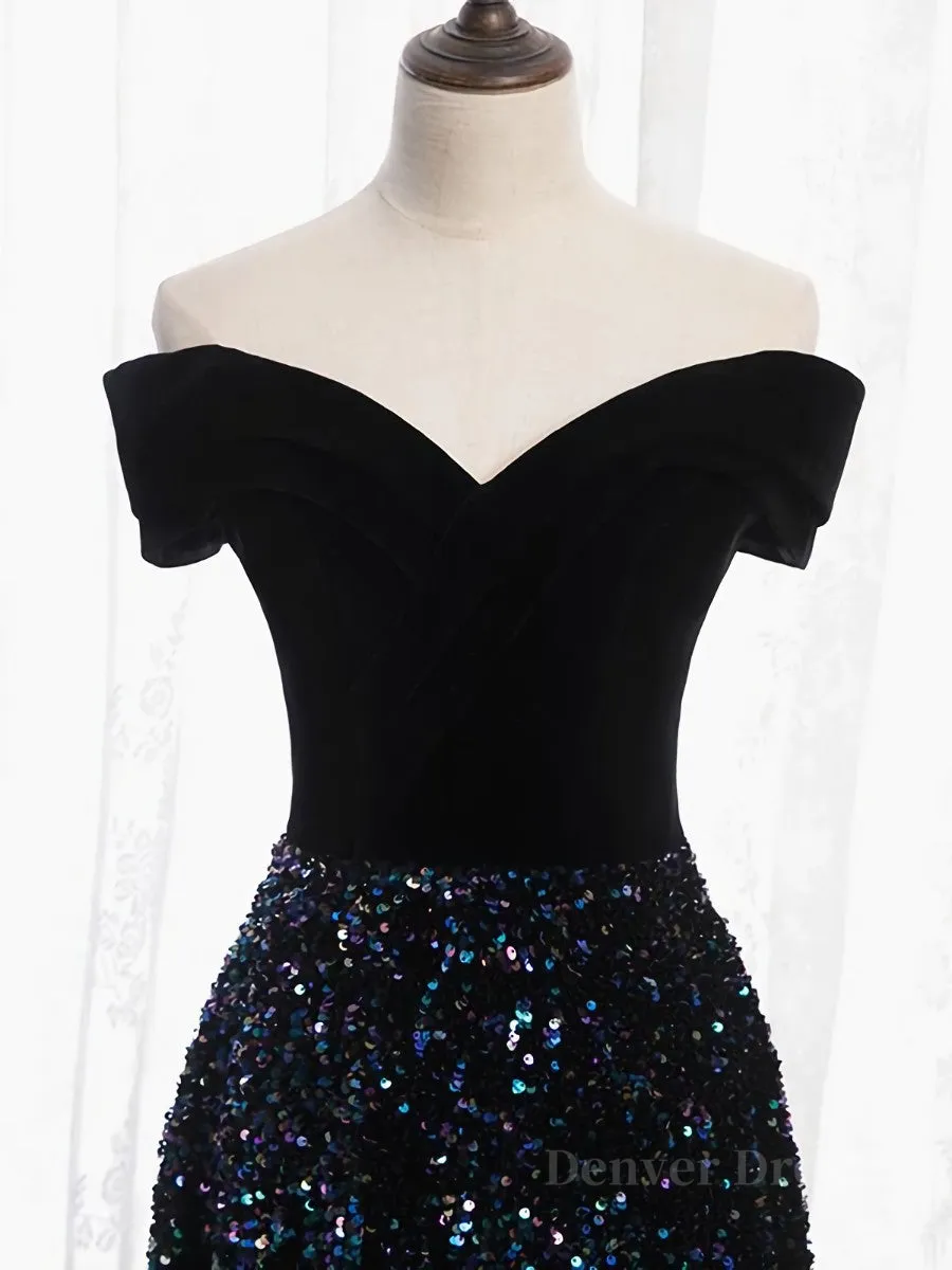 Shiny Off the Shoulder Black Prom Dresses with Corset Back, Shiny Black Long Formal Evening Dresses