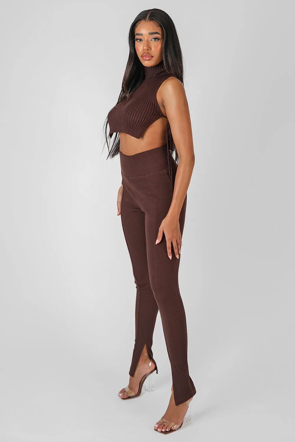 Split Hem Ribbed Legging Chocolate