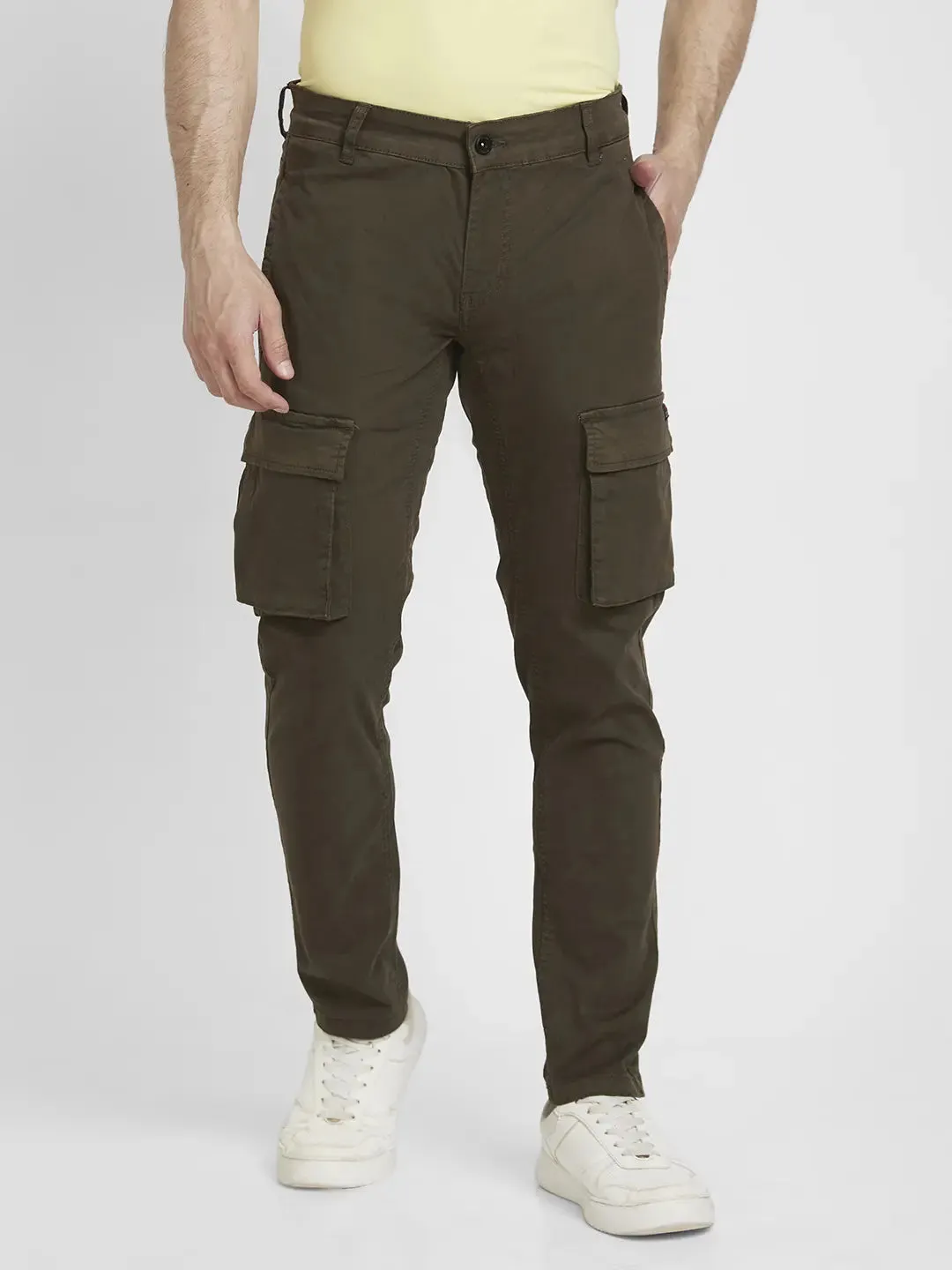 Spykar Men Military Green Lycra Slim Fit Mid Rise Cargo Pant