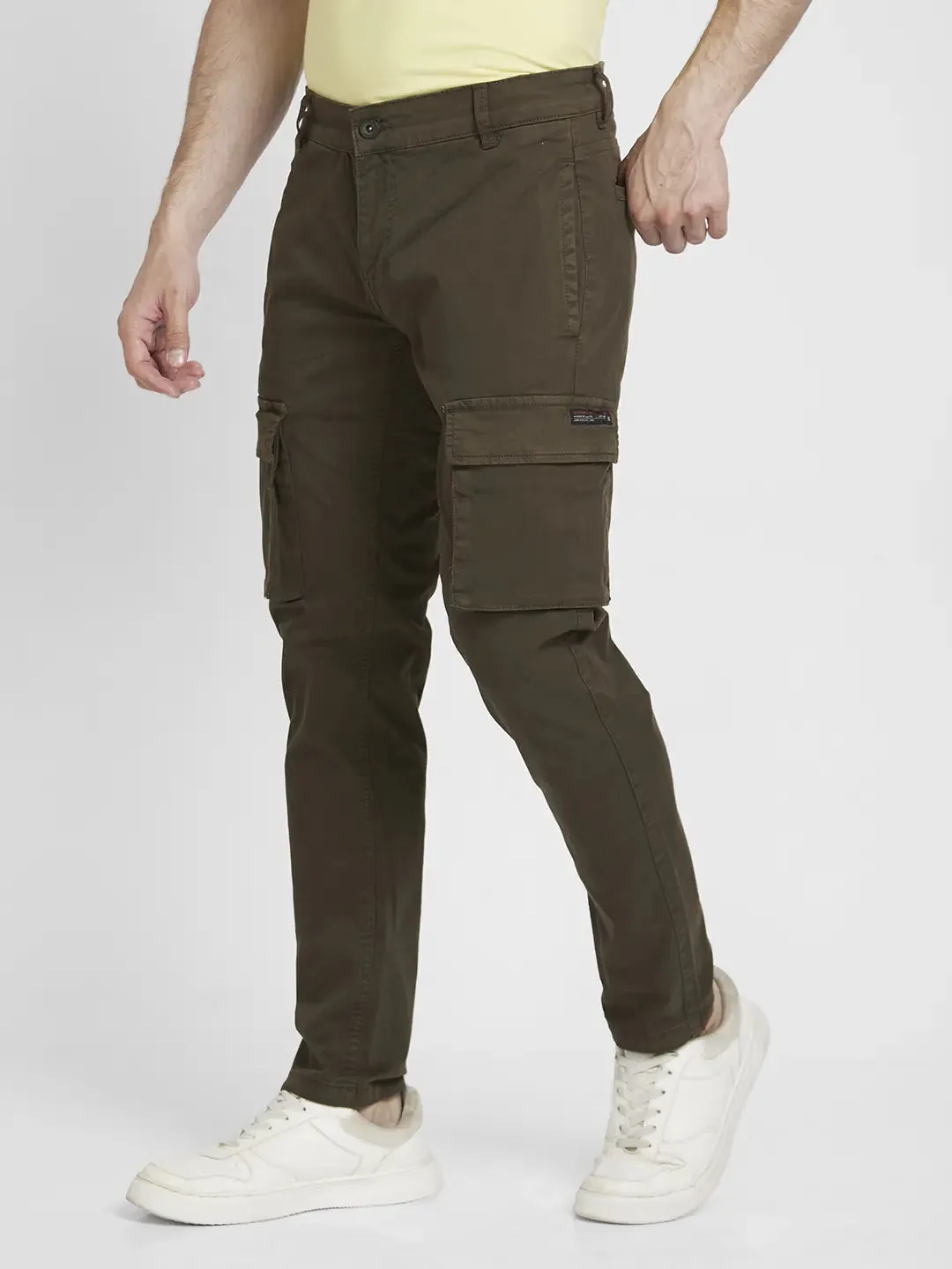 Spykar Men Military Green Lycra Slim Fit Mid Rise Cargo Pant