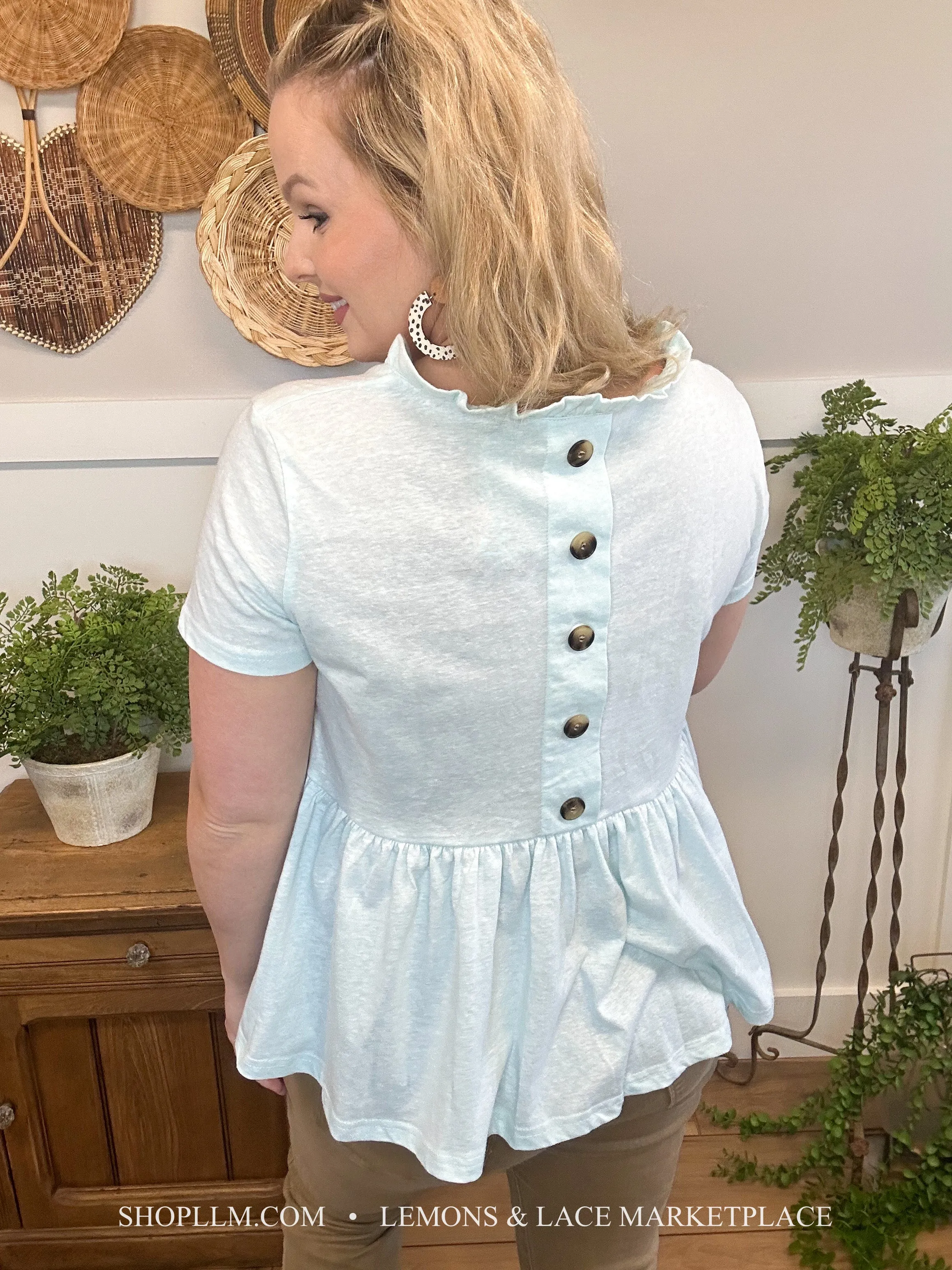 Summer Frills Button Back Blue Top