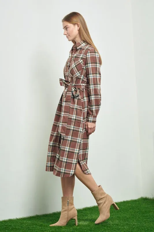 TEEK - PLAID PRINT COLLAR LONG SHIRT DRESS