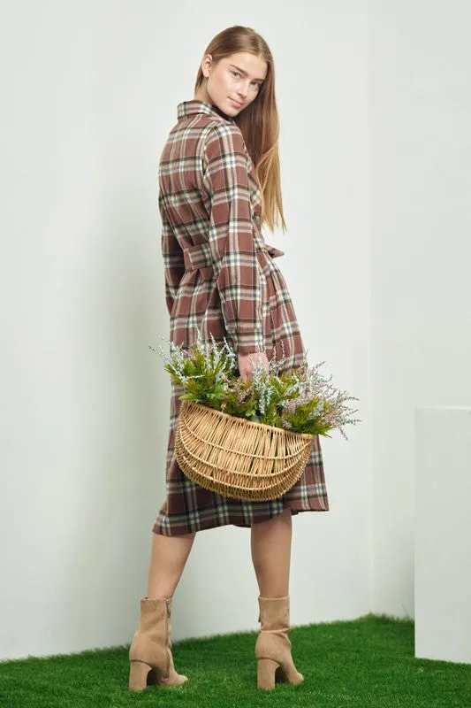 TEEK - PLAID PRINT COLLAR LONG SHIRT DRESS