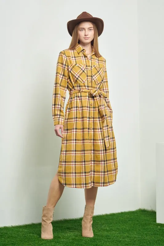 TEEK - PLAID PRINT COLLAR LONG SHIRT DRESS