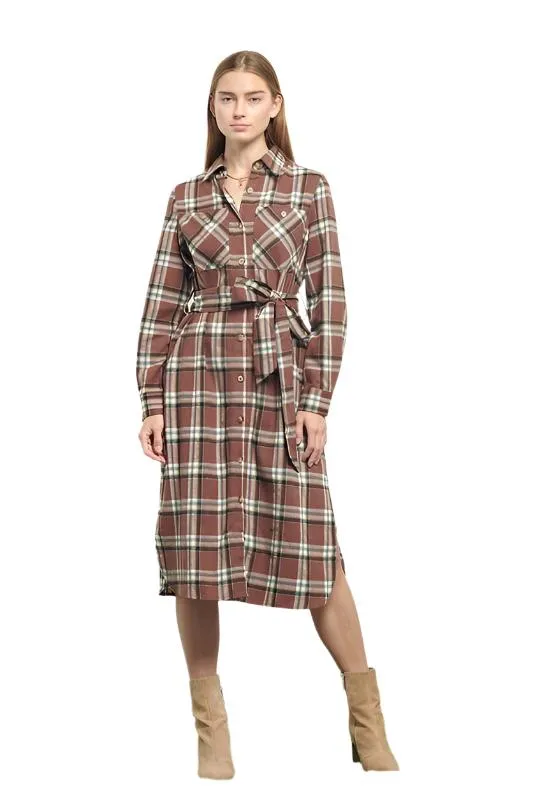 TEEK - PLAID PRINT COLLAR LONG SHIRT DRESS