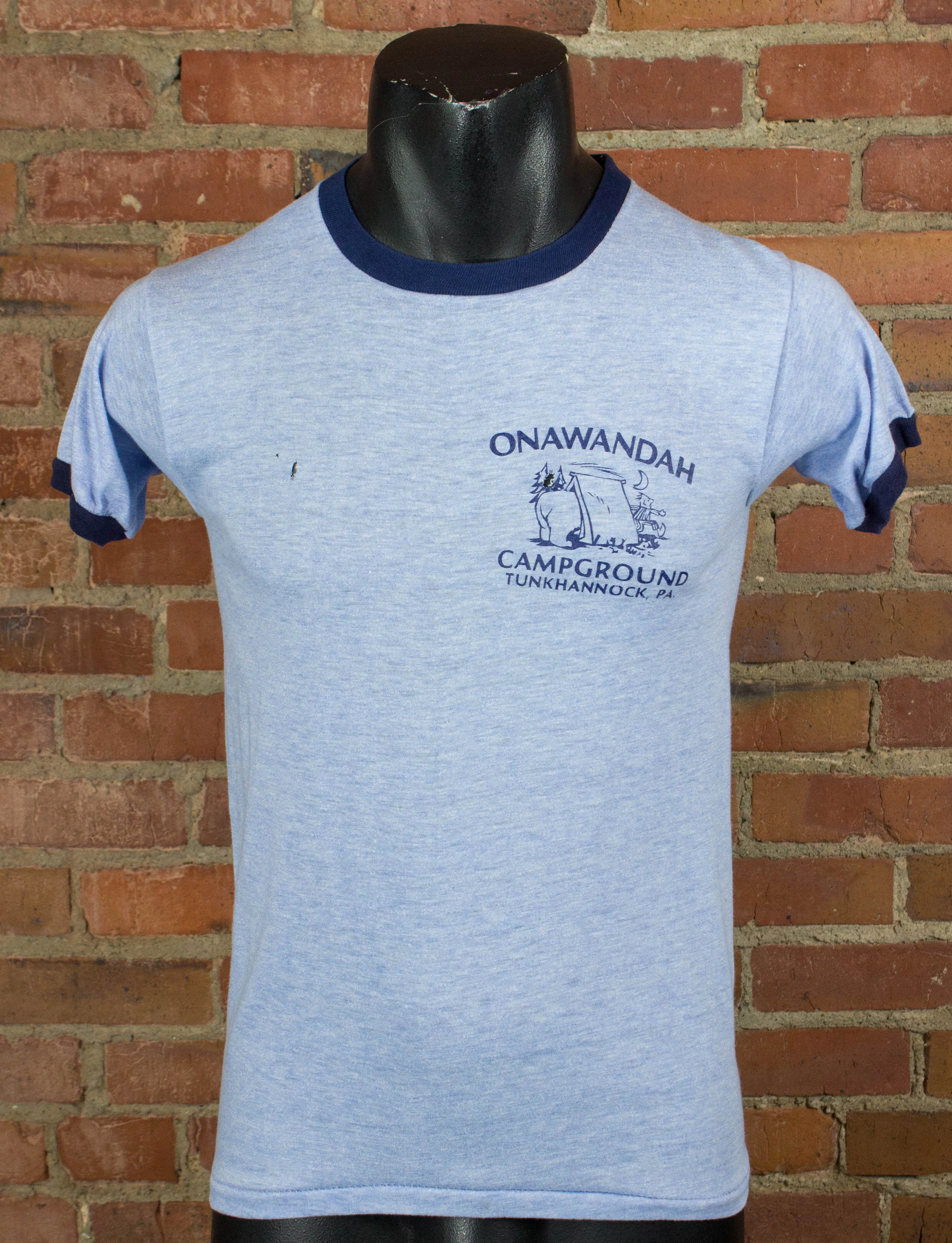 Vintage 70s Onawandah Campground Tunkhannock Pennsylvania Blue Ringer Graphic T Shirt Unisex Small