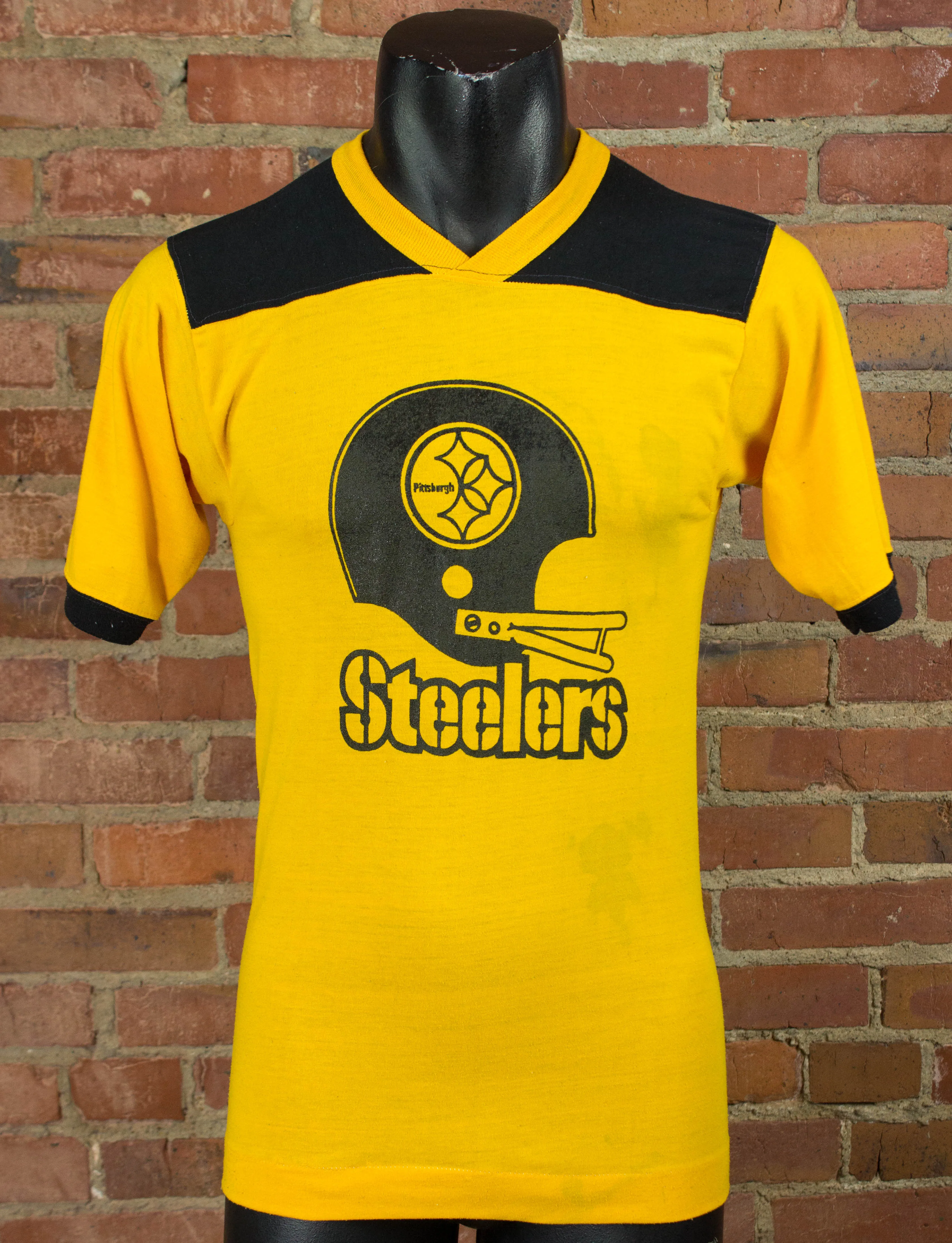 Vintage 70s Pittsburgh Steelers Black and Yellow Football Jersey Style Graphic T Shirt Unisex Small