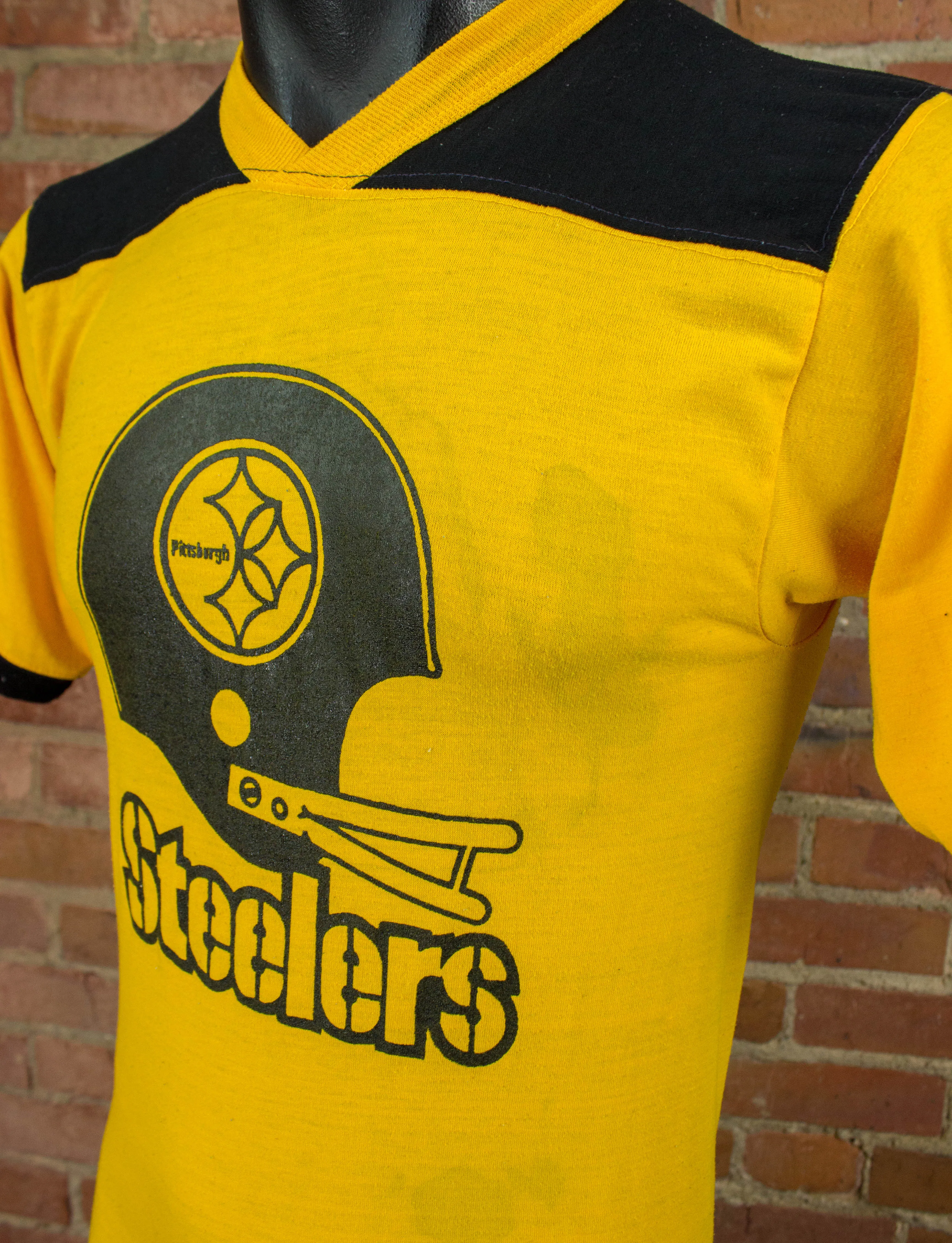 Vintage 70s Pittsburgh Steelers Black and Yellow Football Jersey Style Graphic T Shirt Unisex Small