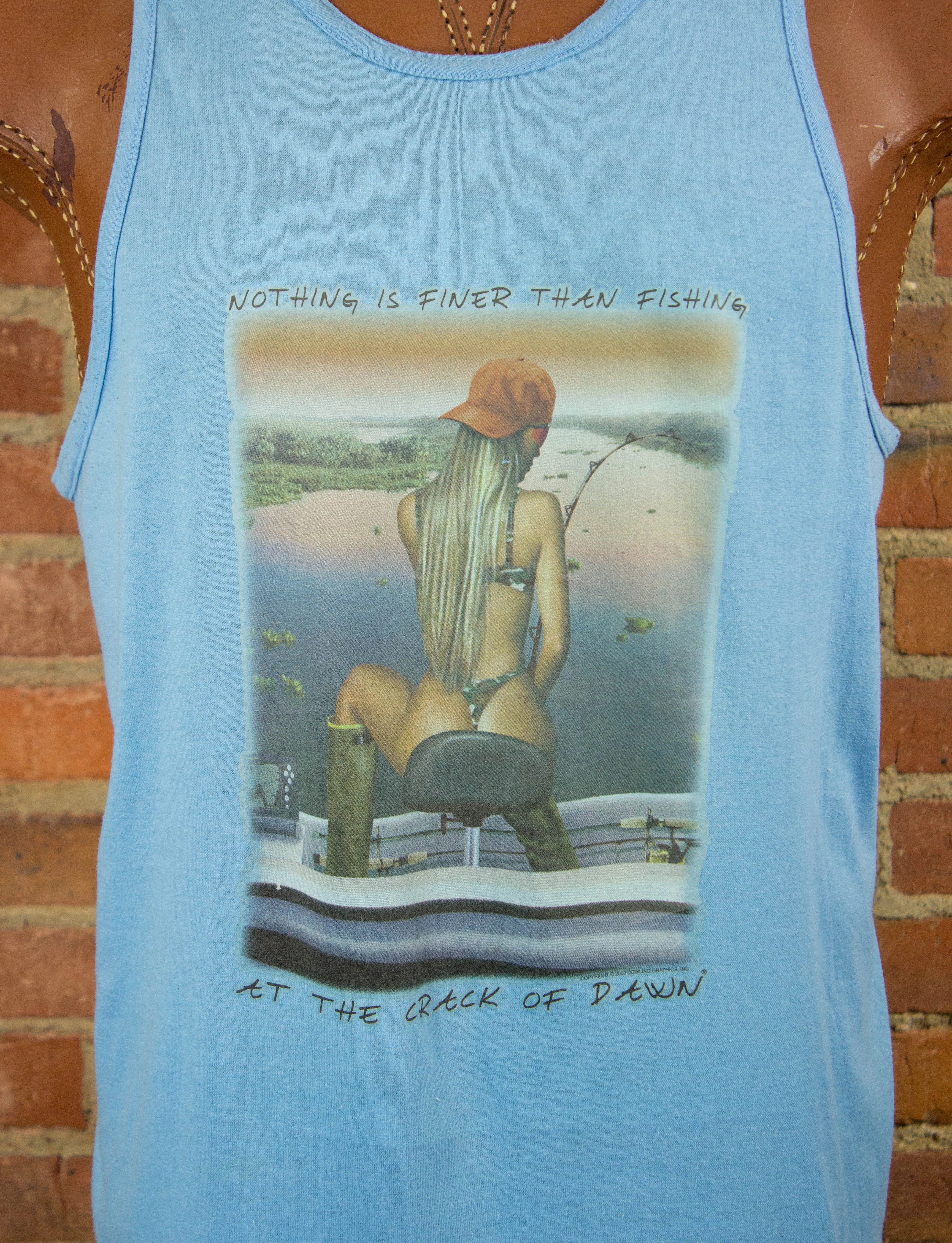 Vintage 80s Nothing Is Finer Than Fishing at the Crack of Dawn Blue Iron On Graphic Tank Top Unisex XL