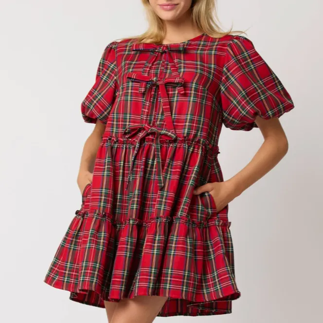 What a Gift Christmas Plaid Bubble Sleeve Mini Dress