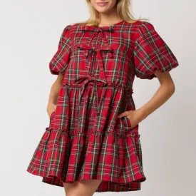 What a Gift Christmas Plaid Bubble Sleeve Mini Dress