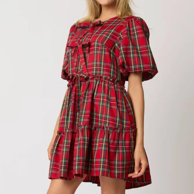 What a Gift Christmas Plaid Bubble Sleeve Mini Dress