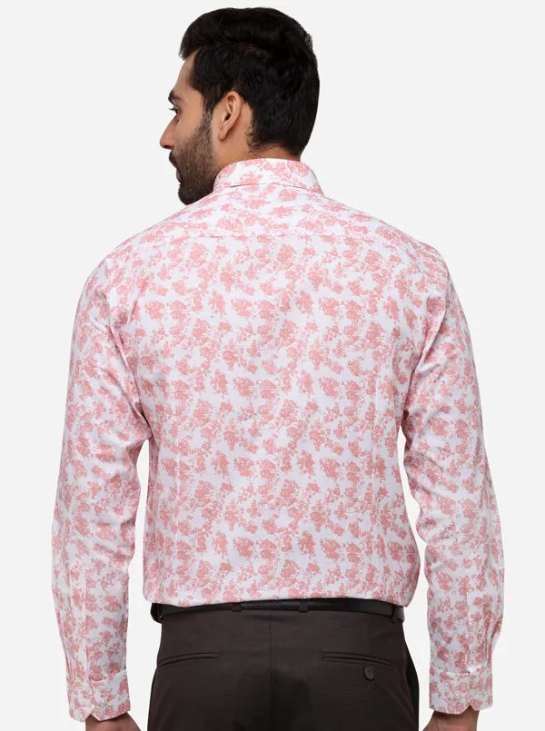 White & Peach Printed Slim Fit Formal Shirt | Greenfibre