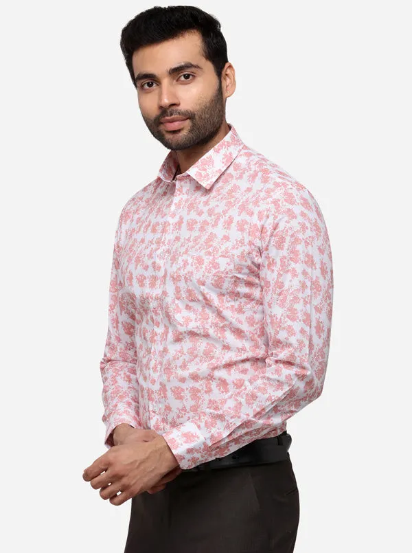 White & Peach Printed Slim Fit Formal Shirt | Greenfibre