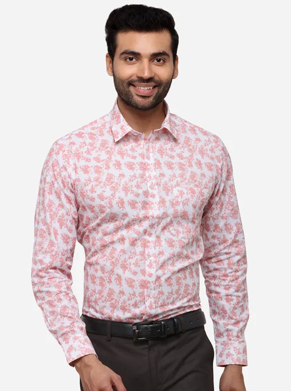 White & Peach Printed Slim Fit Formal Shirt | Greenfibre