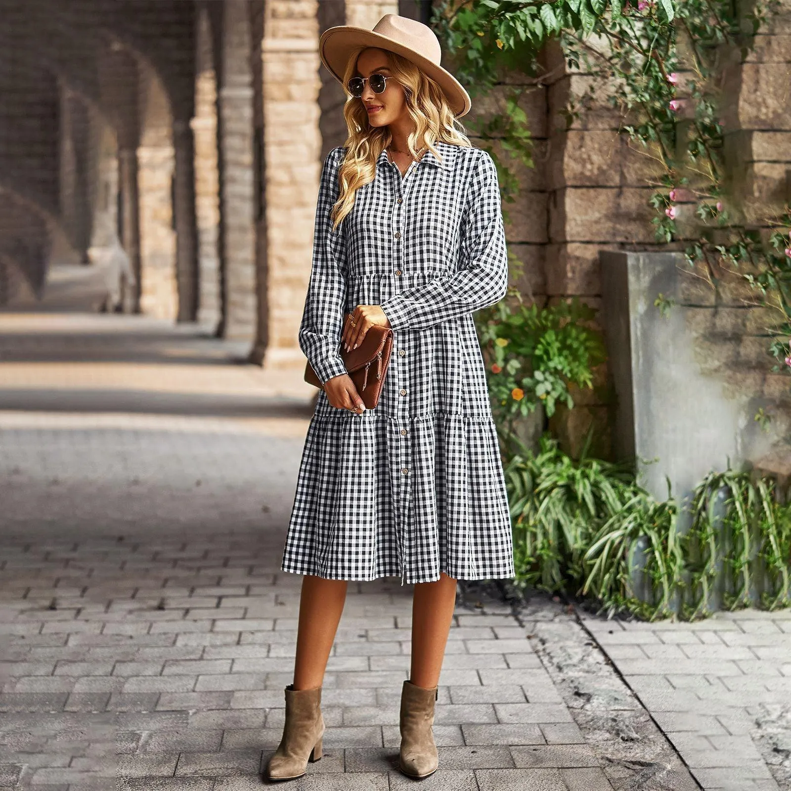 Wide Hem Long Sleeve Dress Plaid Casual Dress