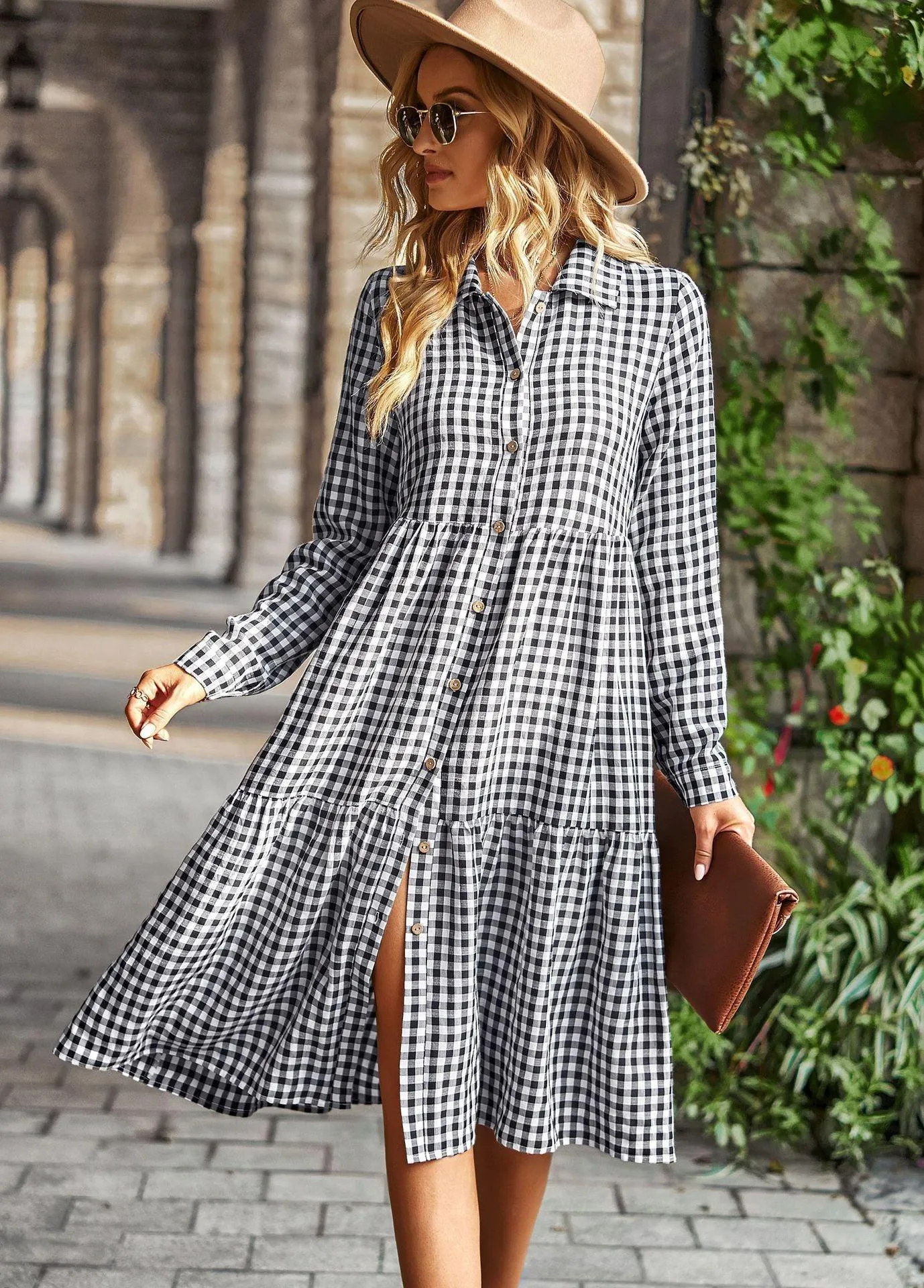 Wide Hem Long Sleeve Dress Plaid Casual Dress