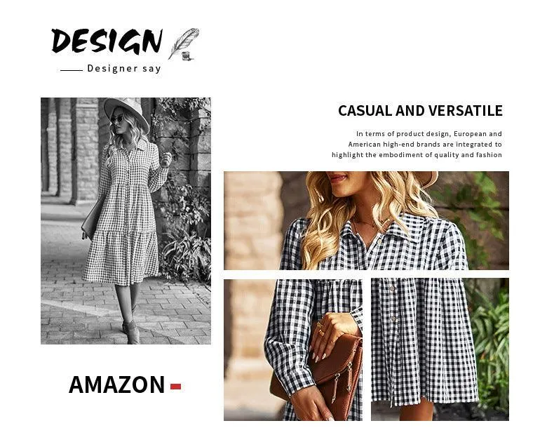 Wide Hem Long Sleeve Dress Plaid Casual Dress