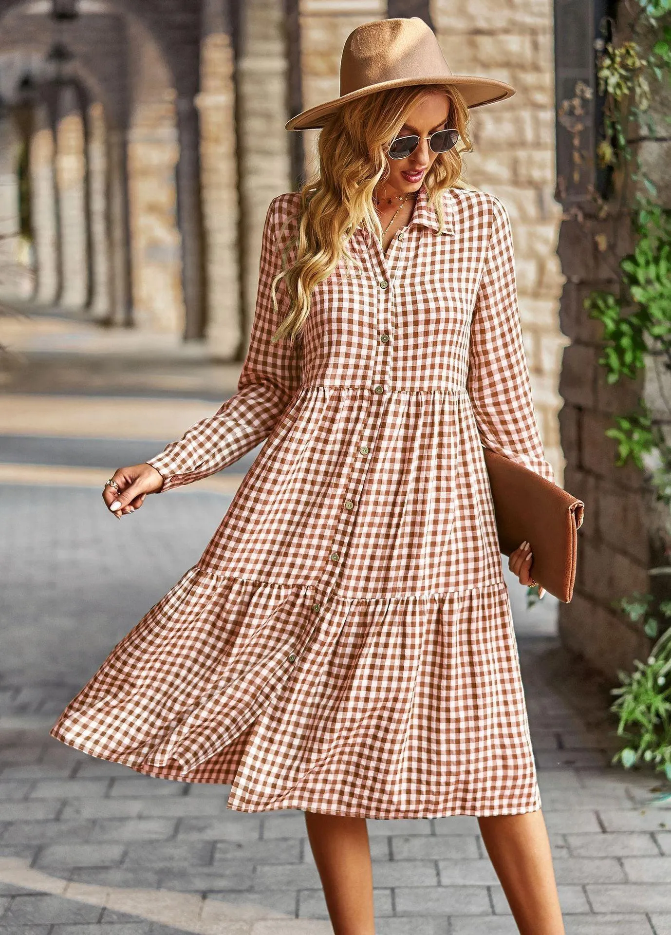 Wide Hem Long Sleeve Dress Plaid Casual Dress