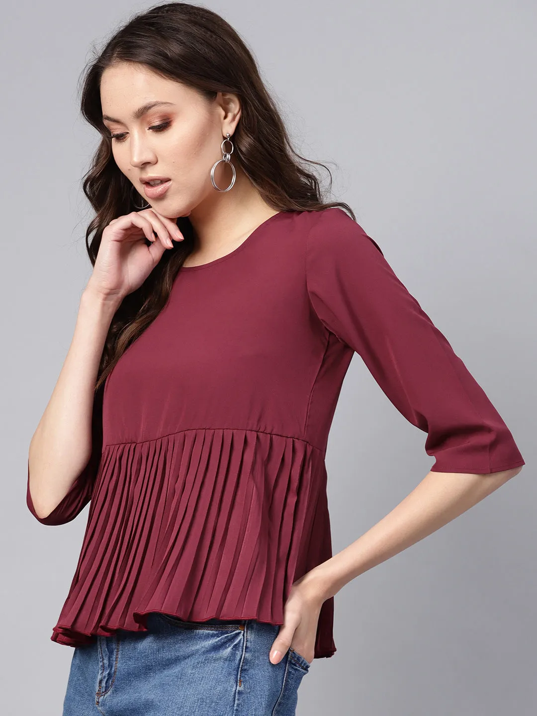 Women Burgundy Pleated Peplum Top