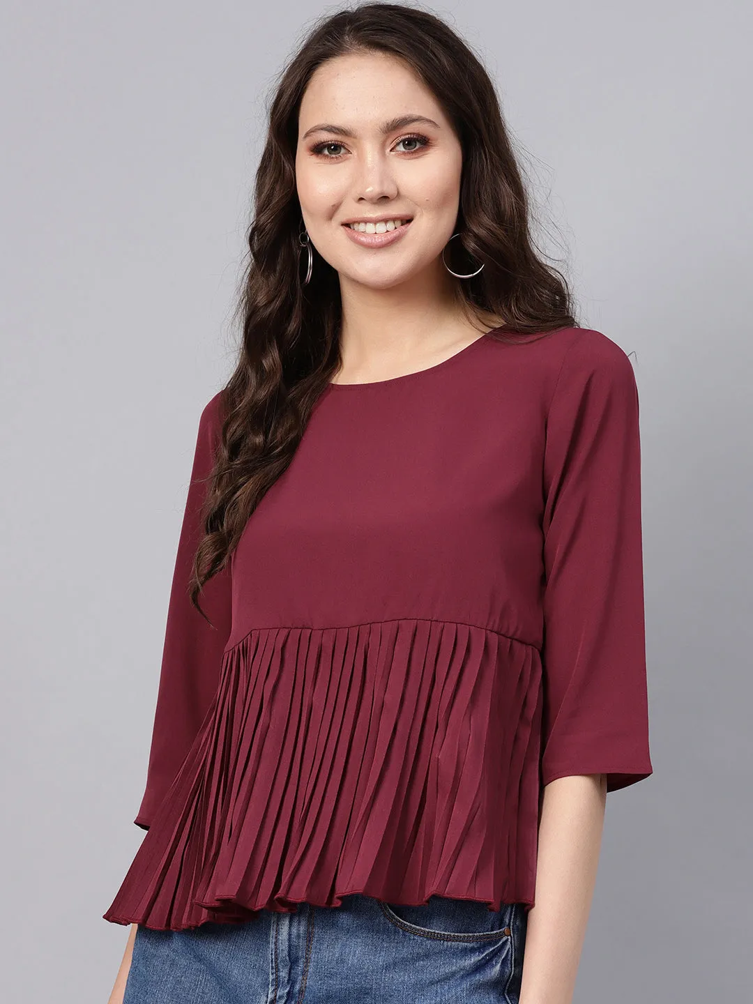 Women Burgundy Pleated Peplum Top