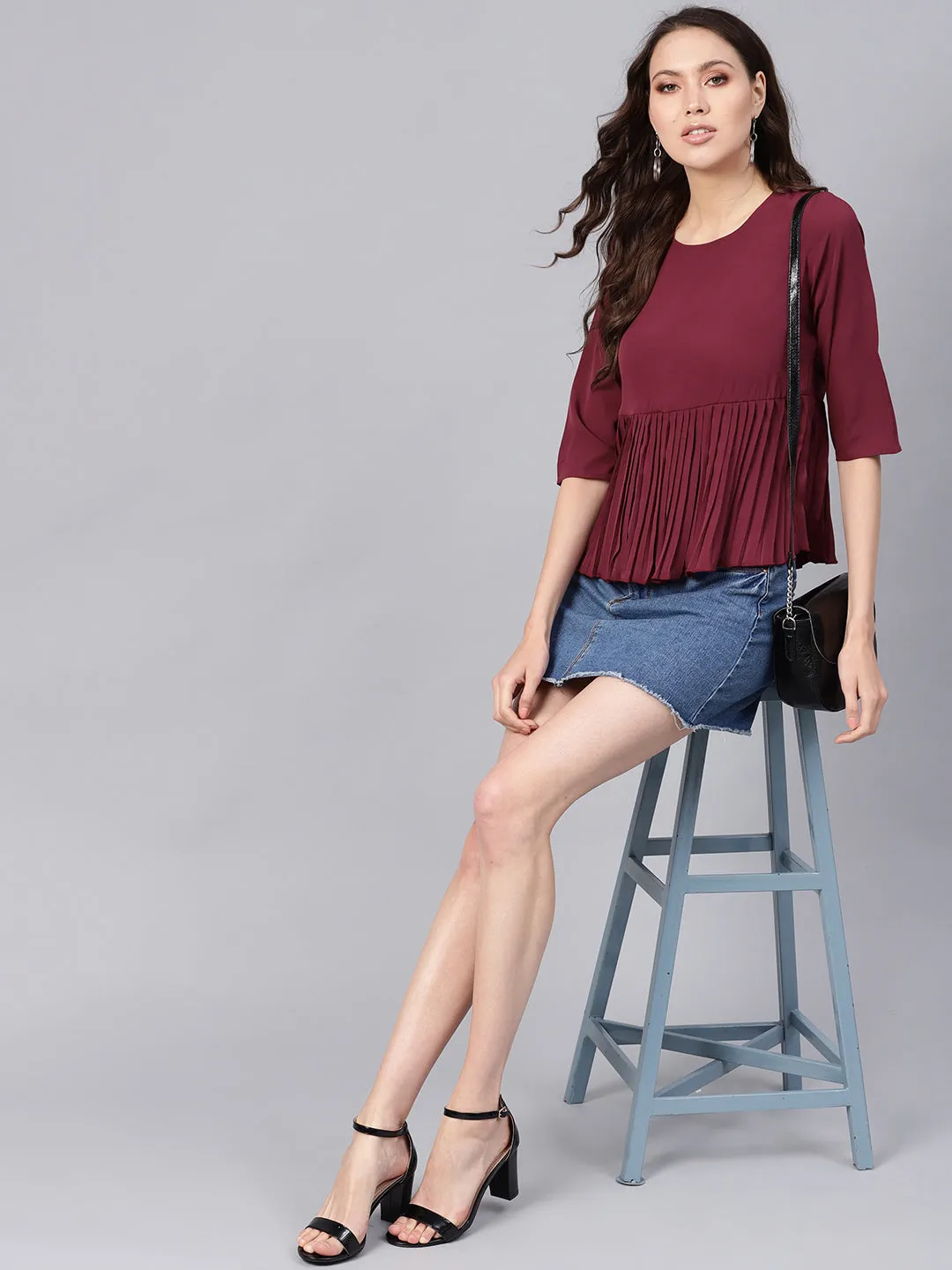 Women Burgundy Pleated Peplum Top