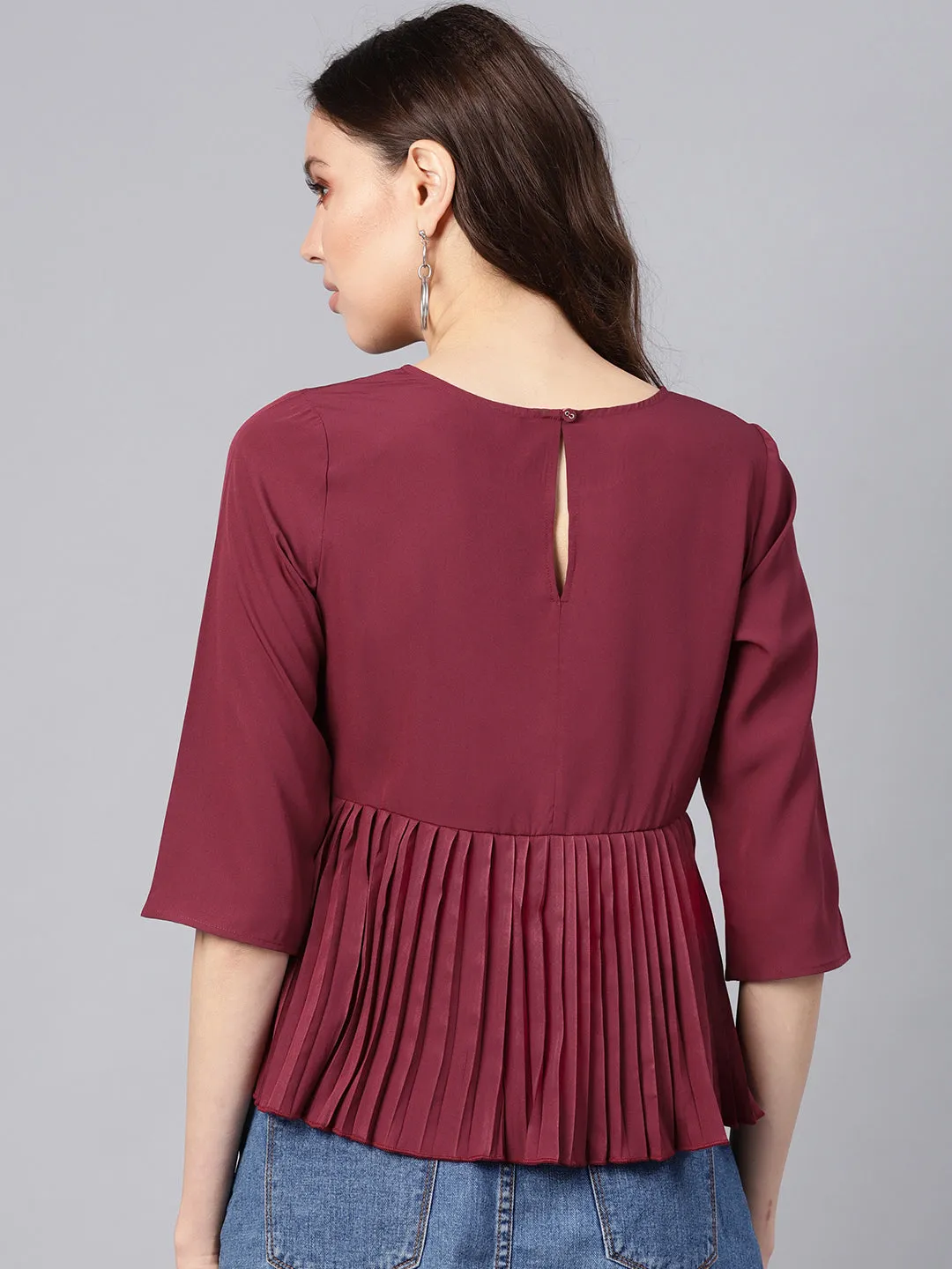 Women Burgundy Pleated Peplum Top