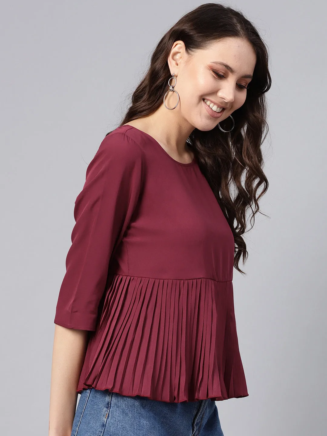 Women Burgundy Pleated Peplum Top