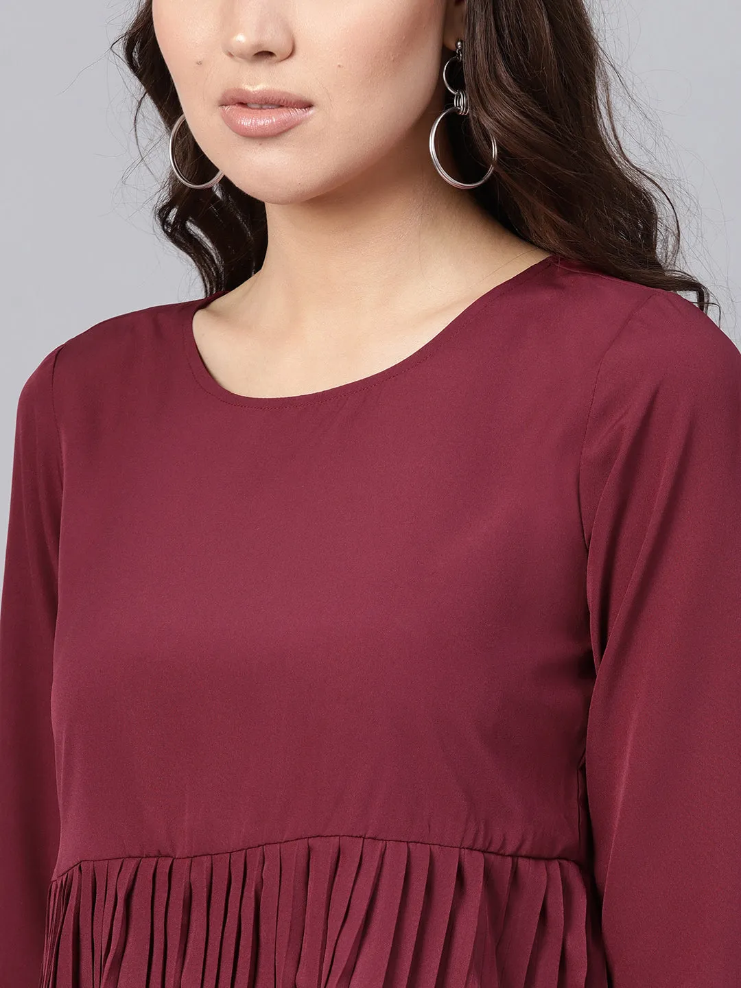 Women Burgundy Pleated Peplum Top