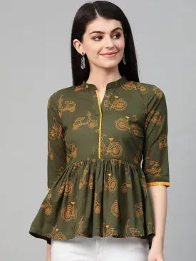 Women Green & Beige Peplum Printed Top