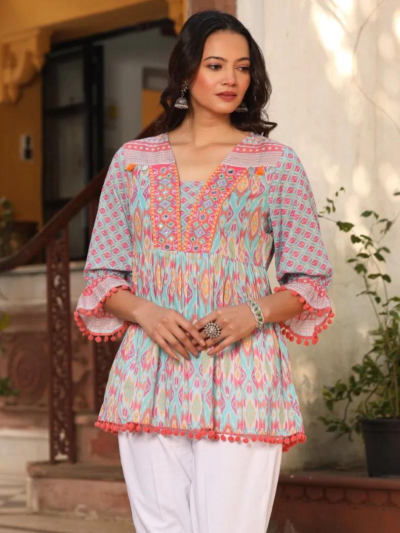 Women Ikat Printed & Embroidered Sky Blue Cotton Voile Peplum Tunic