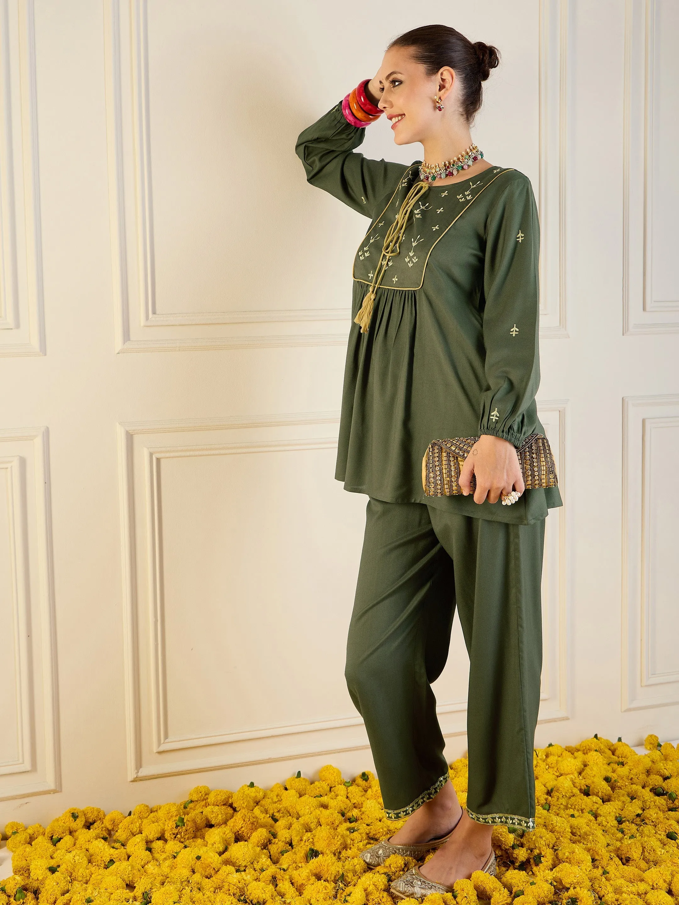 Women Olive Embroidered Peplum Top With Palazzos