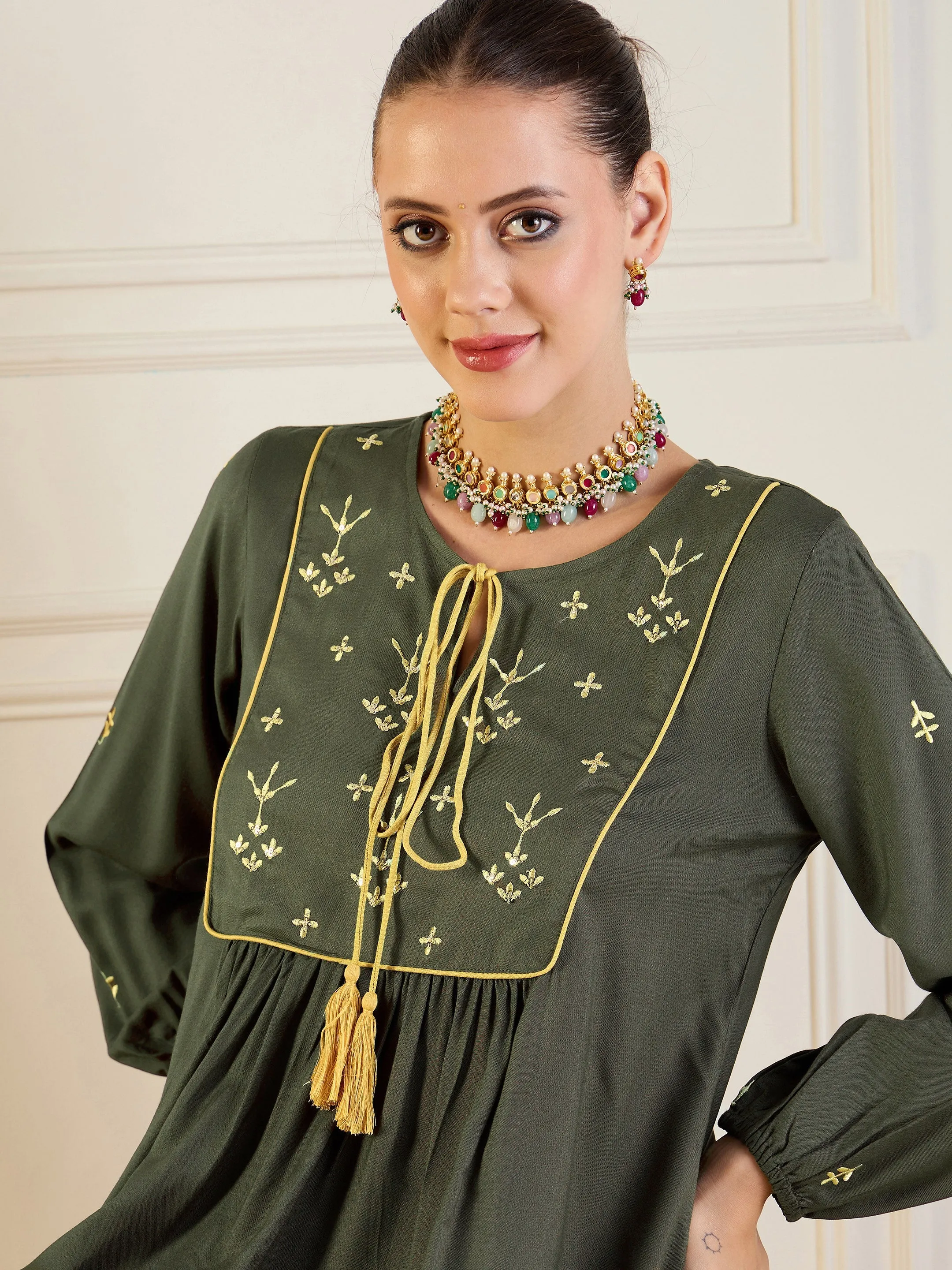 Women Olive Embroidered Peplum Top With Palazzos