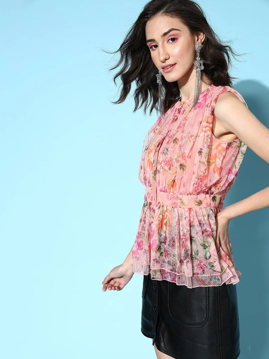 Women Pink Floral Mesh Sleeveless Peplum Top