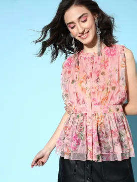 Women Pink Floral Mesh Sleeveless Peplum Top