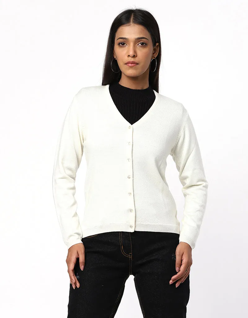 Women Woolen Round Neck Cardigan With Front Buttons