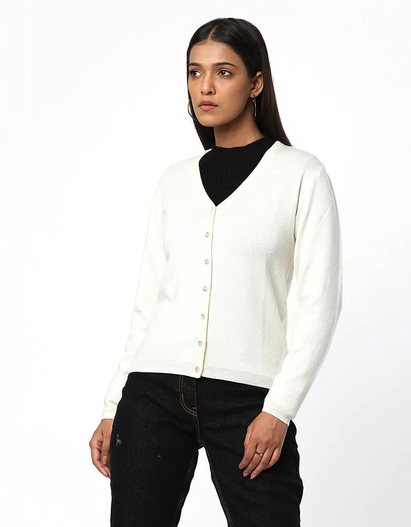 Women Woolen Round Neck Cardigan With Front Buttons