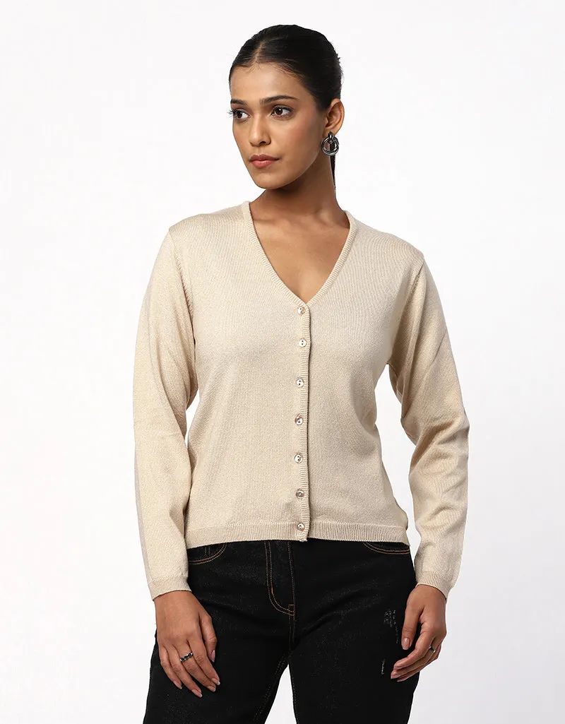 Women Woolen Round Neck Cardigan With Front Buttons