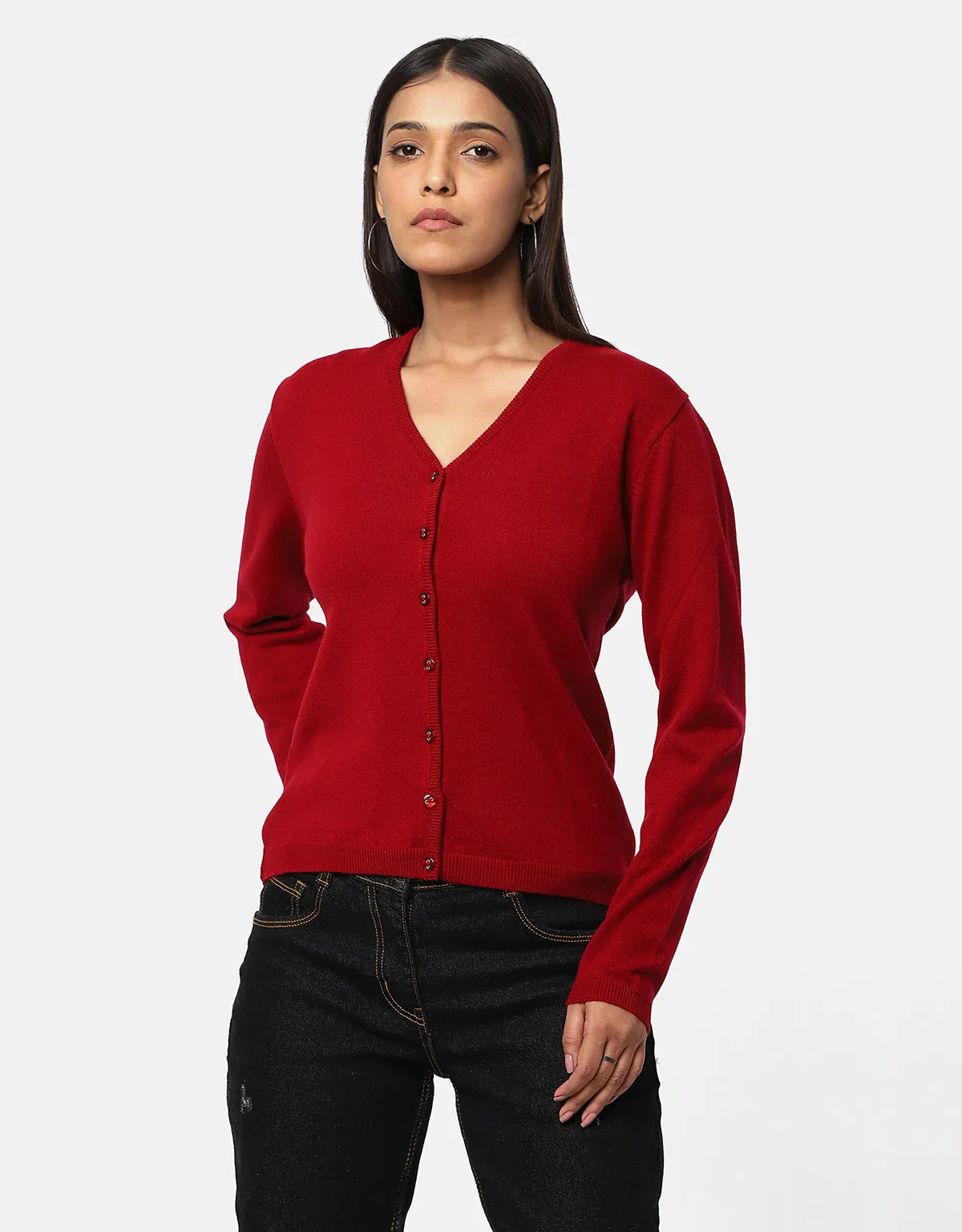 Women Woolen Round Neck Cardigan With Front Buttons