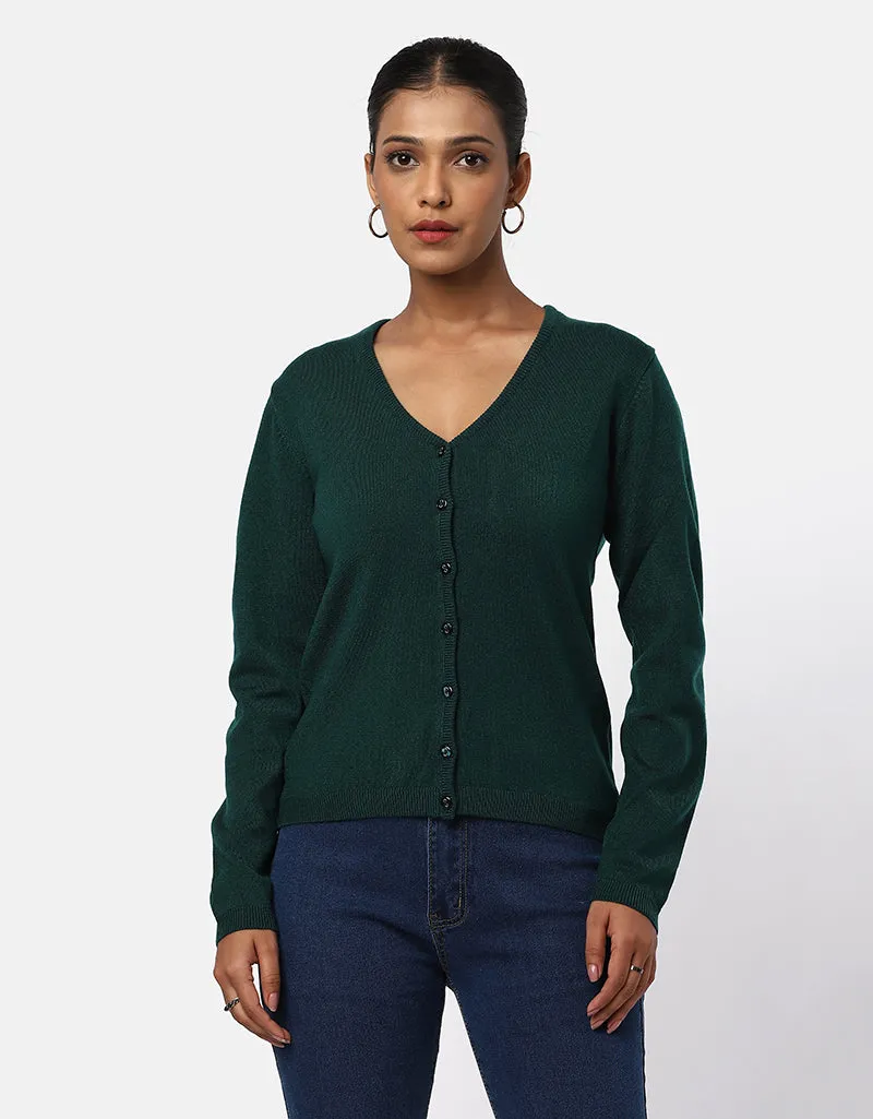 Women Woolen Round Neck Cardigan With Front Buttons