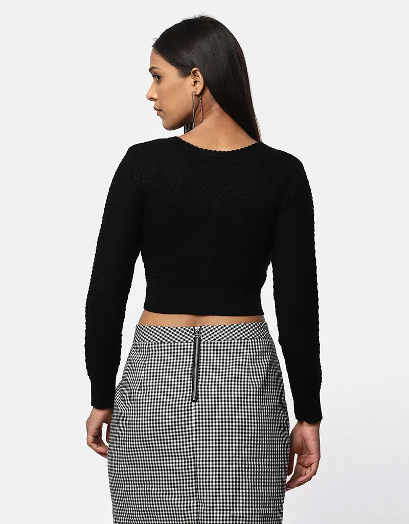 Women Woolen V Neck Front Button Crop Top