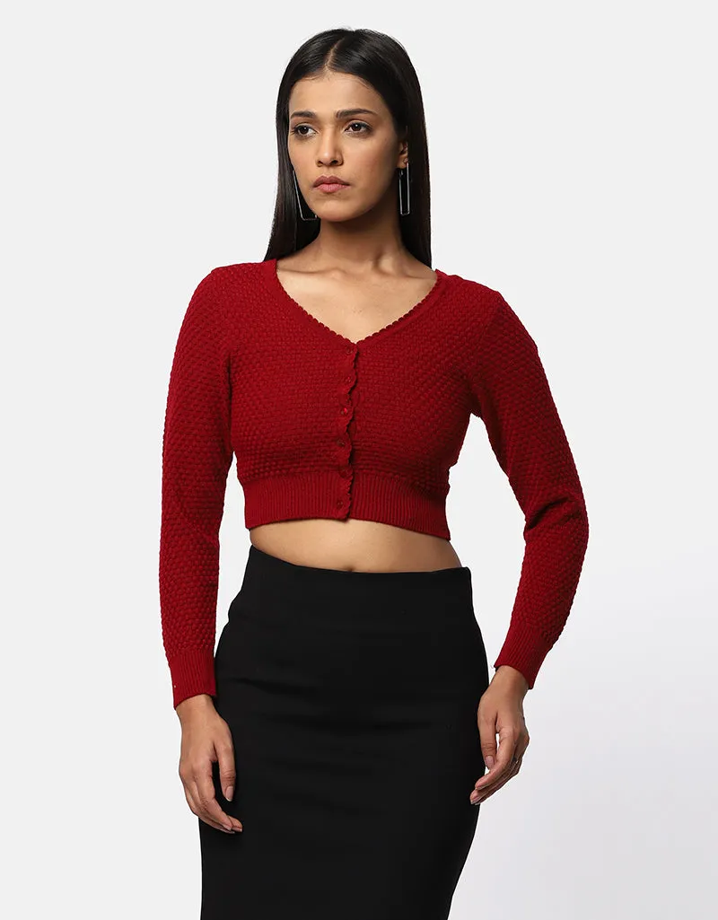 Women Woolen V Neck Front Button Crop Top