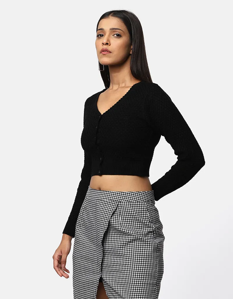 Women Woolen V Neck Front Button Crop Top