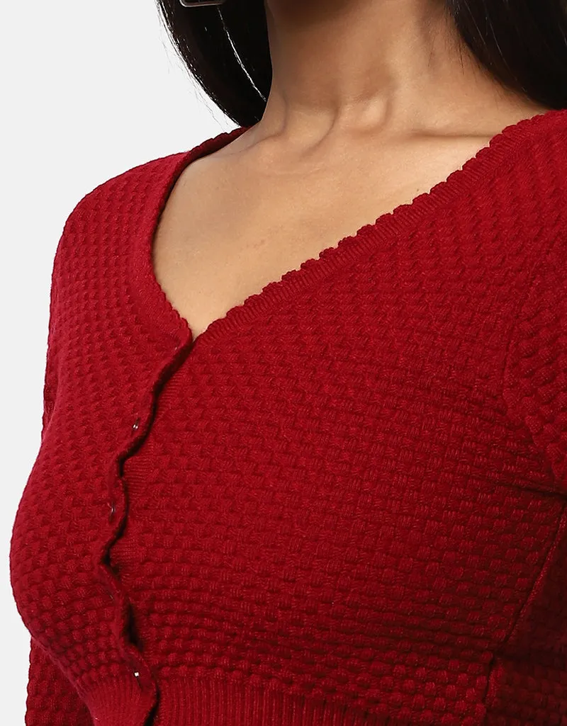 Women Woolen V Neck Front Button Crop Top