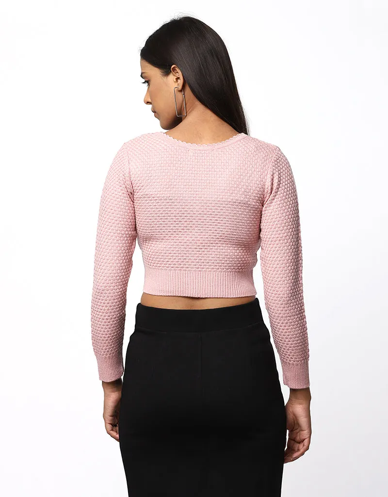 Women Woolen V Neck Front Button Crop Top