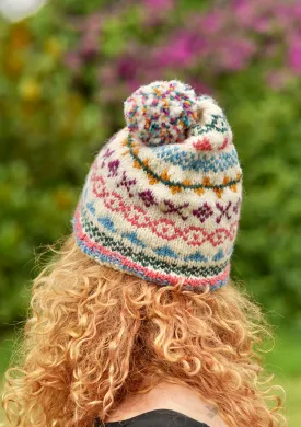 Woolen Blue and White Multicolored Sherpa Pom Pom Beanie